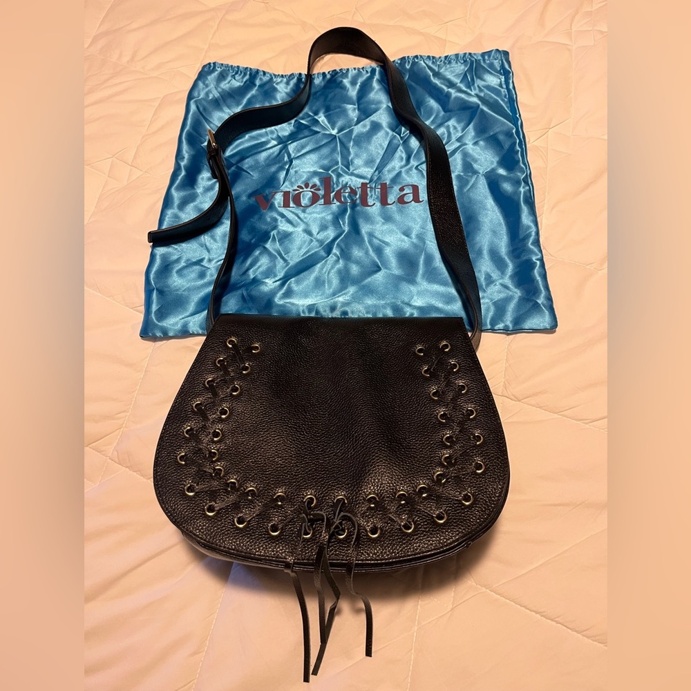 Violetta brand Black marbled Leather saddle Crossbody Bag